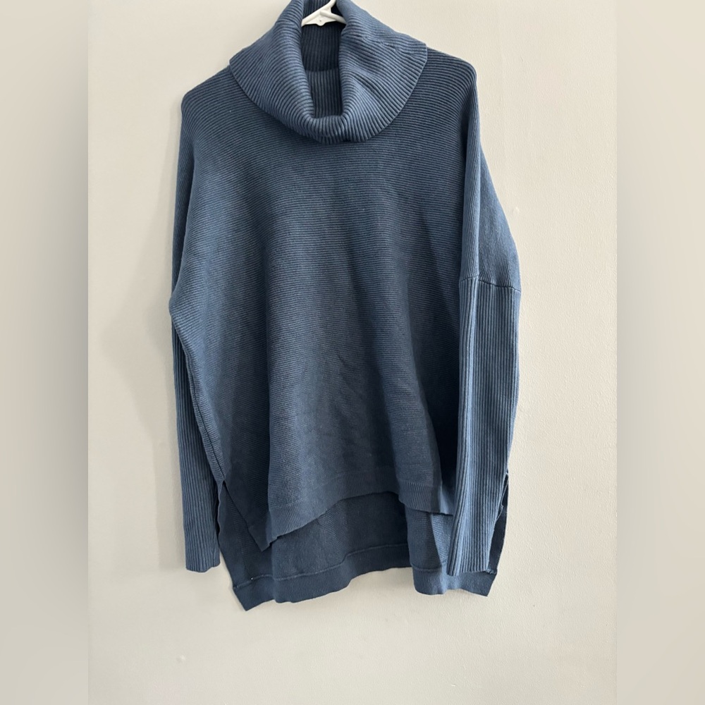 Anrabess Blue Oversized Split Hem Tunic Hi-Low Turtleneck Oversized Casual Cozy